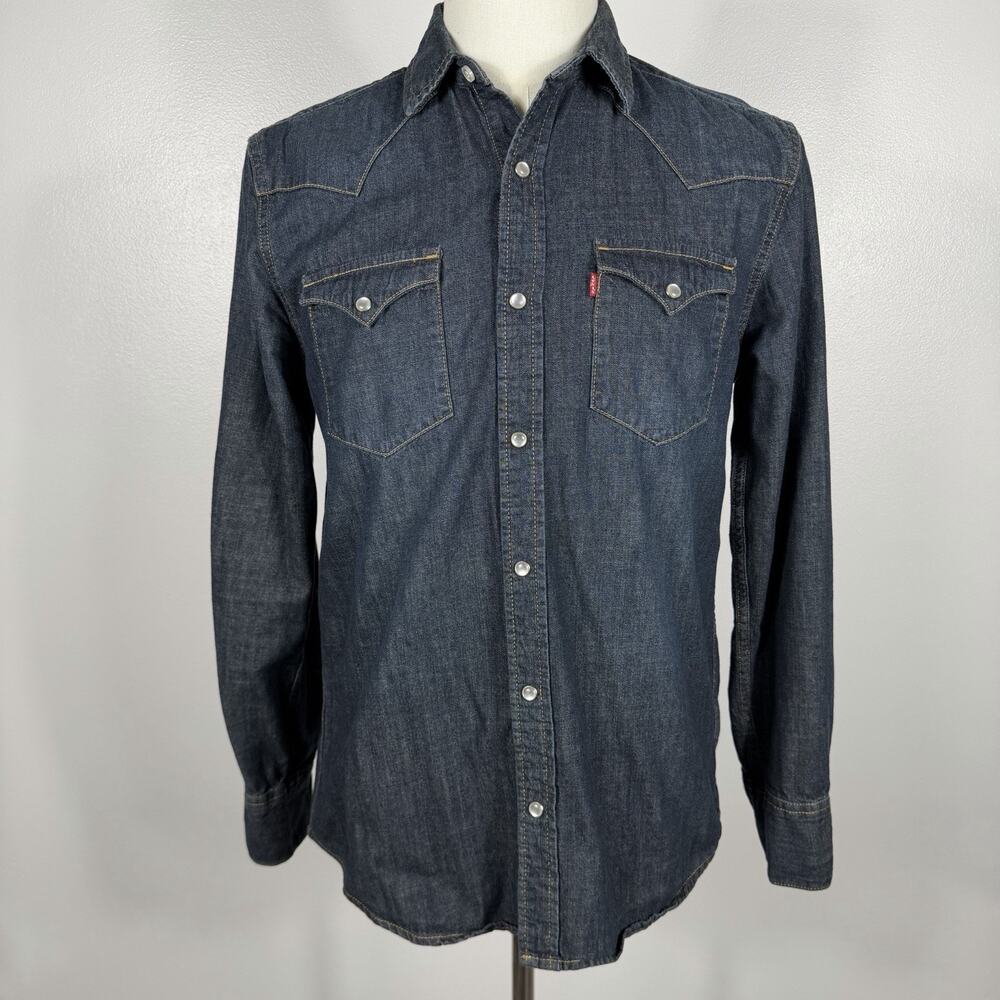 Levis Western Shirt Mens Size S Dark Wash Blue Denim Pearl Snap Long Sleeve
